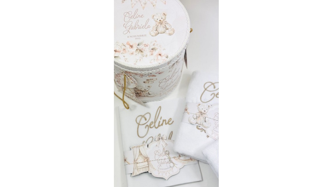 Trusou botez Nude Teddy Bear Toile de Jouy bej crem cu accente light pink și pattern floral vintage 2